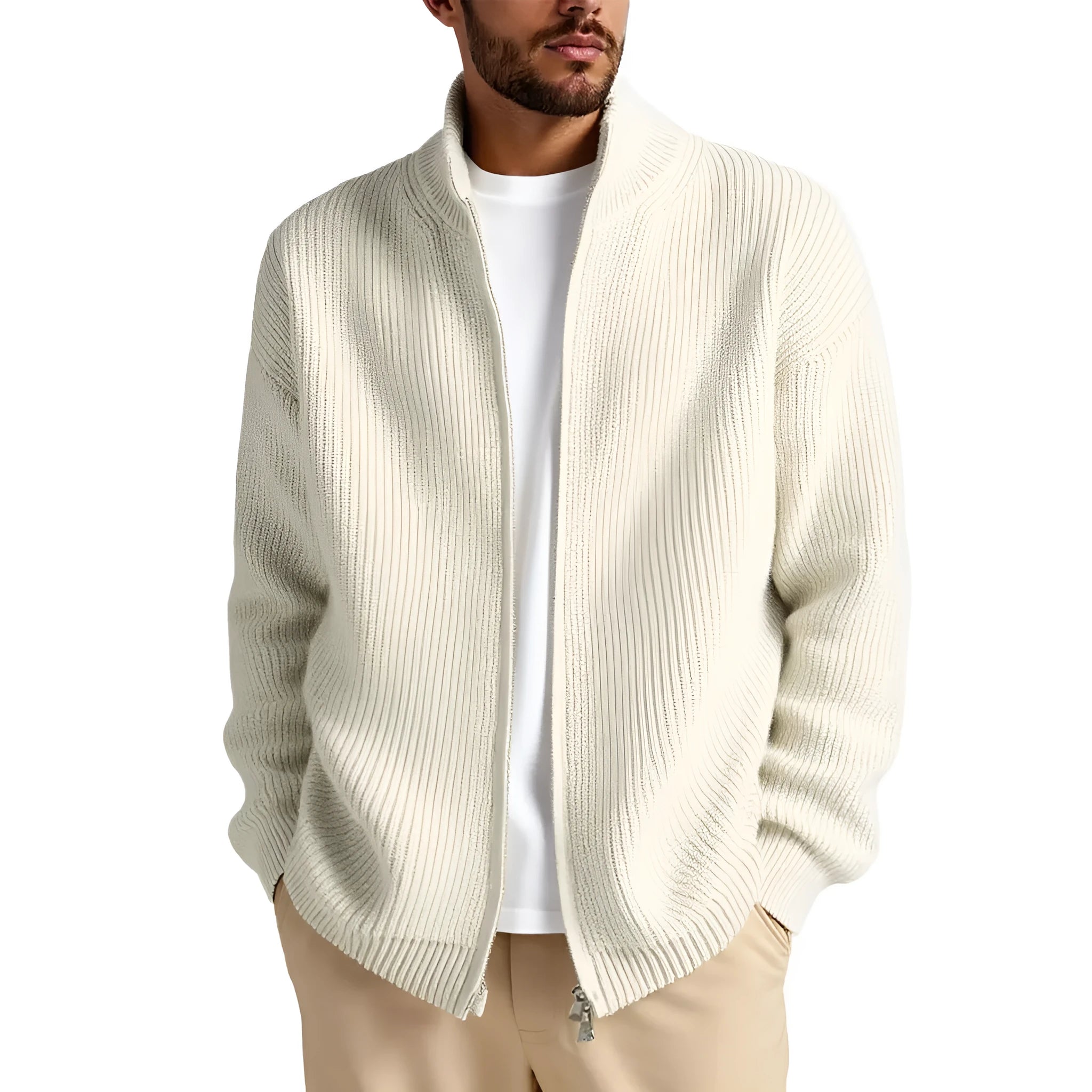 Loose-fitting men's cardigan sweater in a chemical fibre blend, shown in a neutral colour.