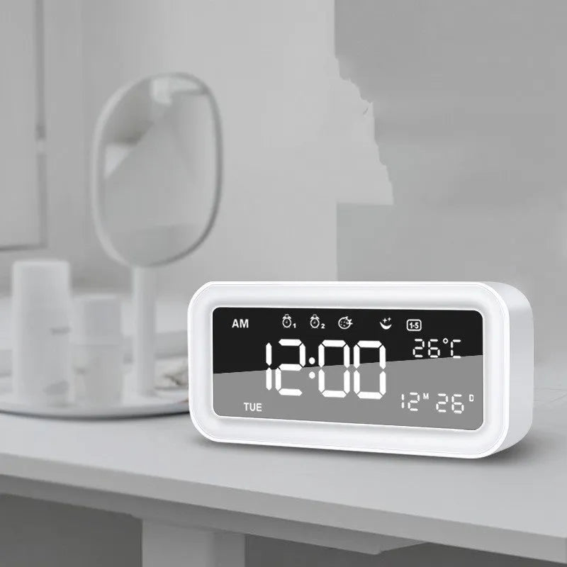 Rectangular blue LED alarm clock with quartz glass display and multicoloured atmosphere lighting functions