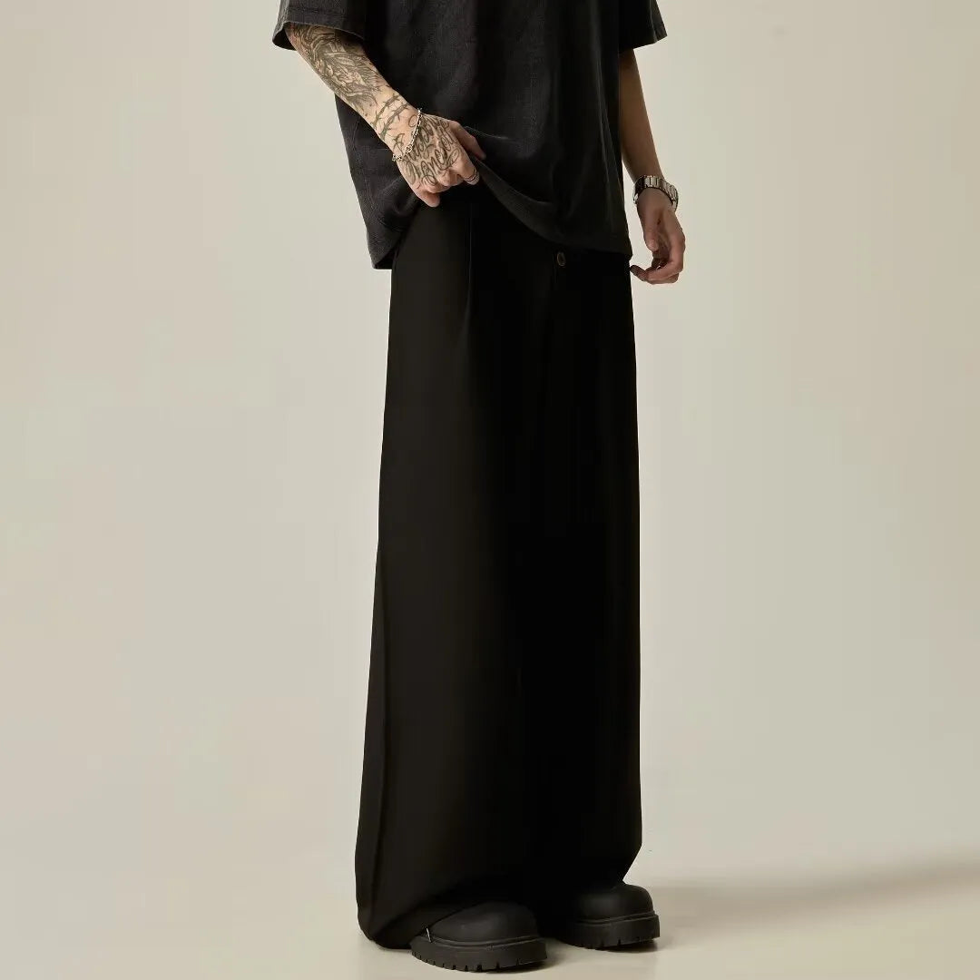 Men's solid black vertical tube wide-leg casual trousers with a button fly and straight-leg style.
