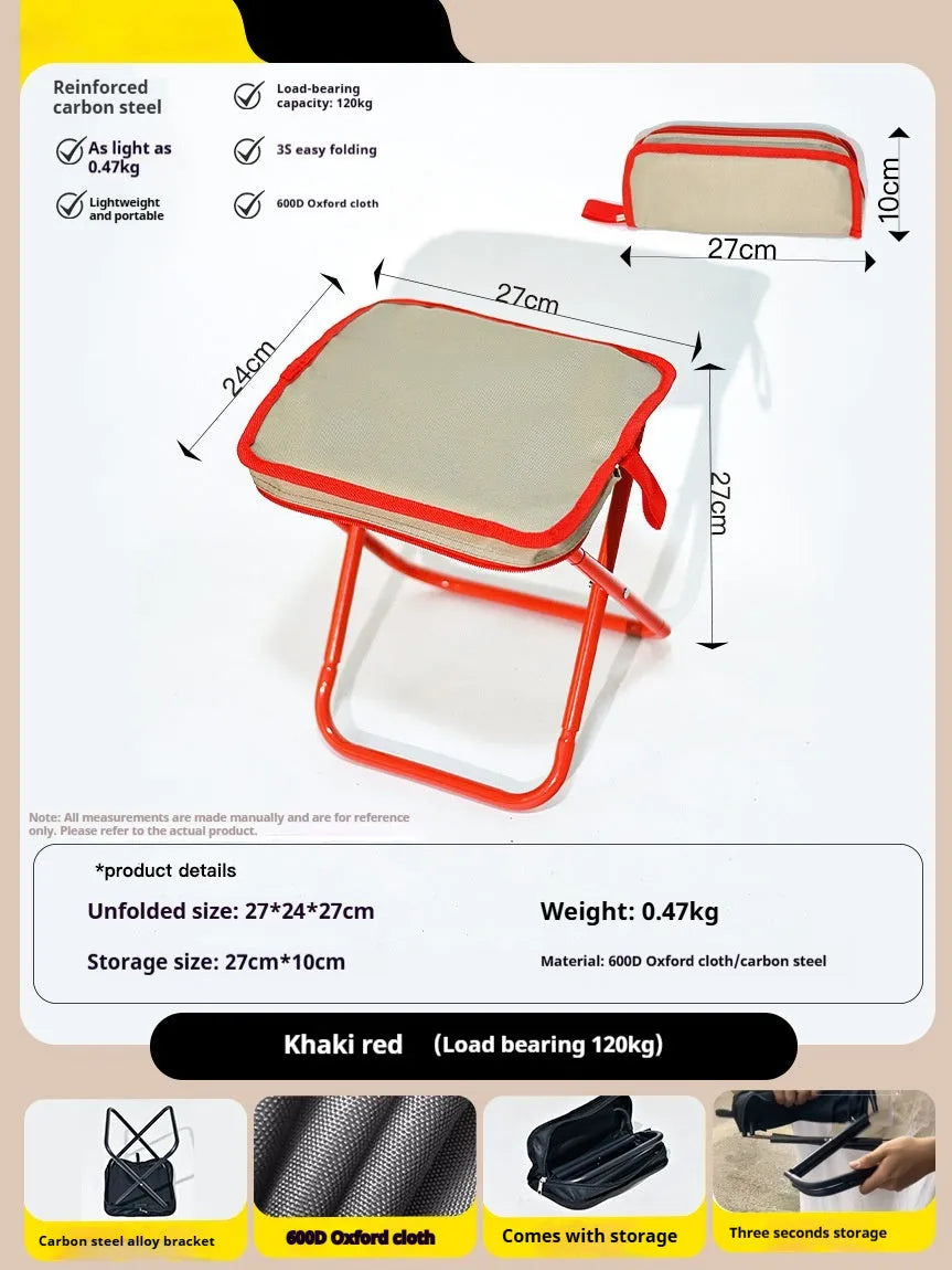 Foldable outdoor camp stool in Oxford cloth shown in a khaki colour, collapsed in its flat pencil box design.