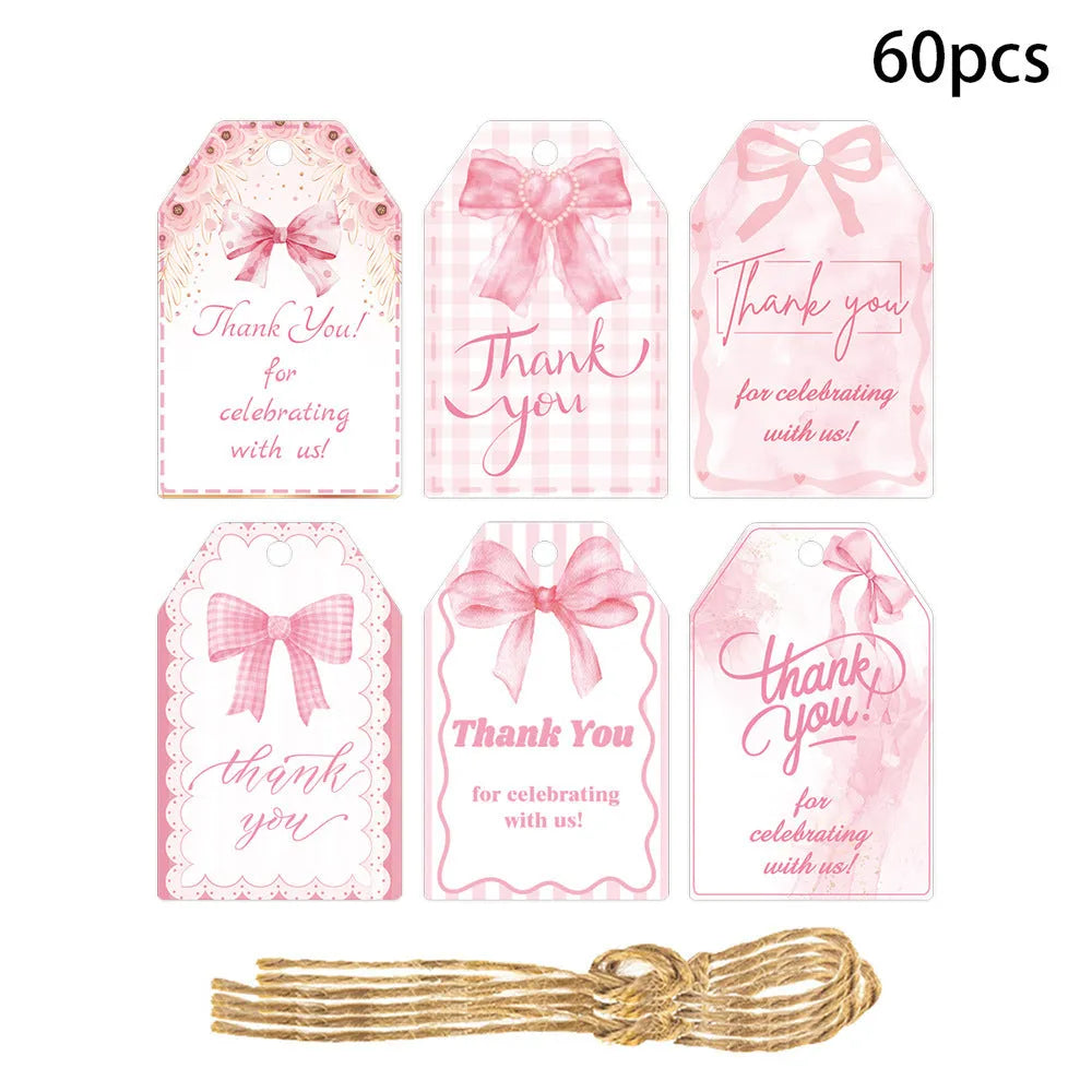 Set of 60 birthday gift tags with hemp rope ties in floral, polka dot and striped designs