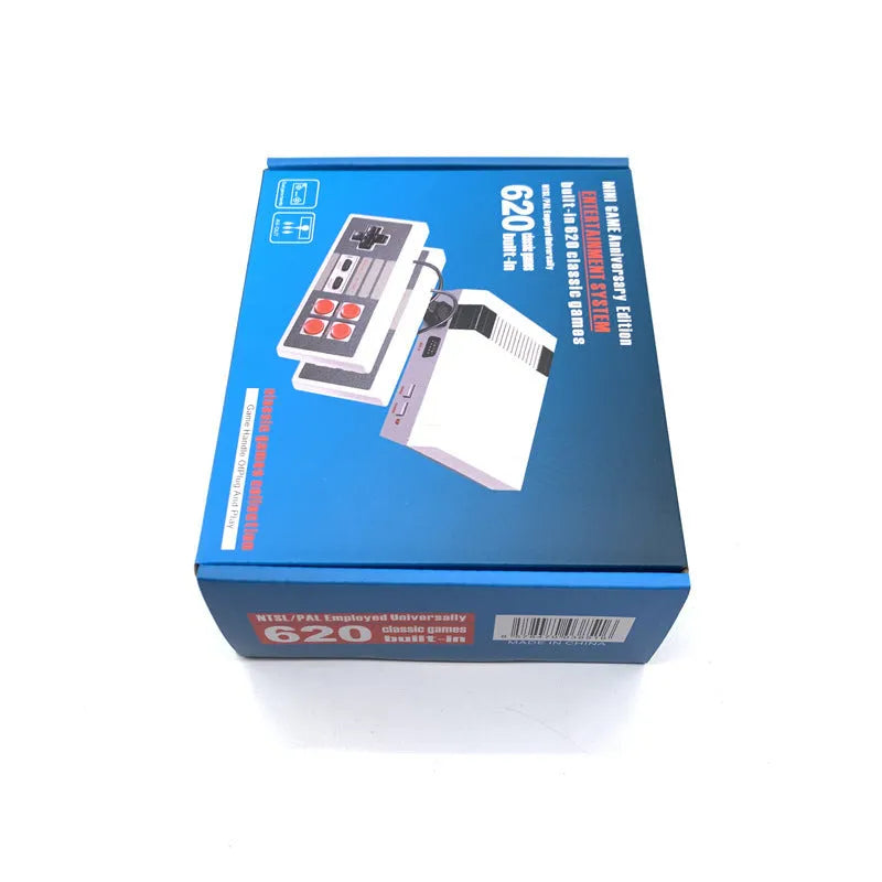 NES retro gaming console with two controllers, AV cable, and power supply on white background