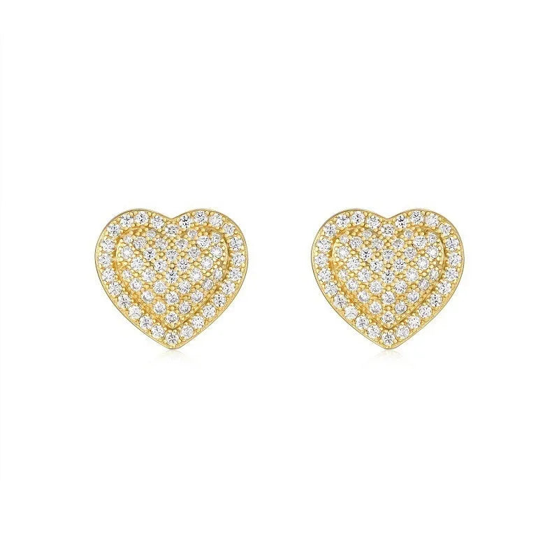 Golden heart-shaped moissanite stud earrings on S925 sterling silver posts