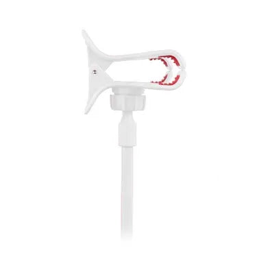 Black portable mobile phone holder with a long flexible arm and a V-clip, extended on a surface.