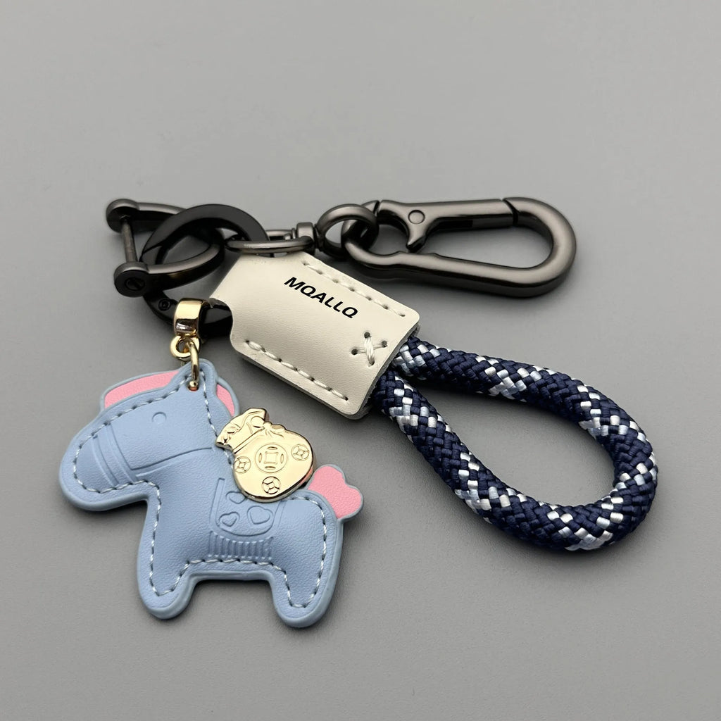 Handmade cowhide leather car key pendant with zinc alloy pony buckle and coloured flanelle rope