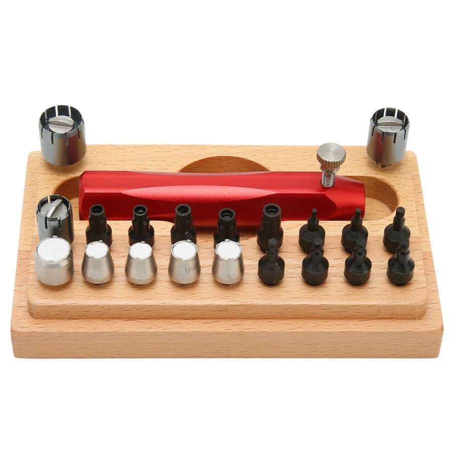 Steel watch repair tool kit with 20 barrel-opening extracting tubes for professional disassembly.