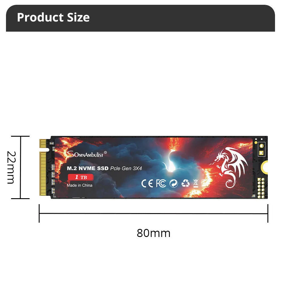 M.2 NVMe solid state drive for desktop computers showing 80mm x 22mm dimensions