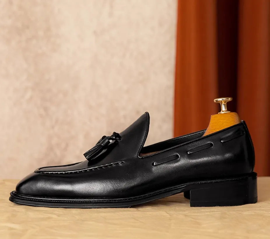 Men's black and brown genuine leather slip-on loafers with pigskin lining and rubber sole