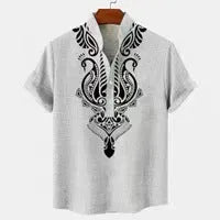 Men's loose-fit striped casual shirt with personalised buttons on a hanger