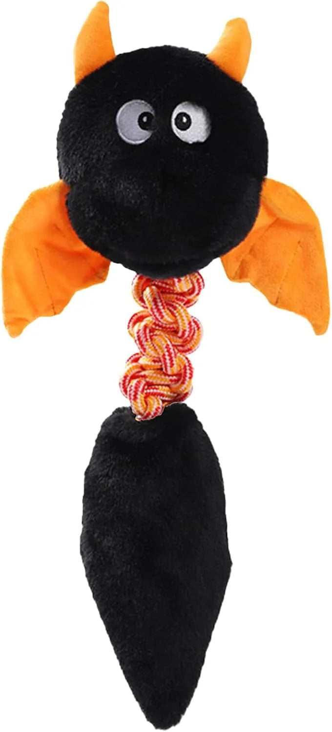 Soft plush dog toy with squeaker, rattle, and rope knot in black, green, or red.