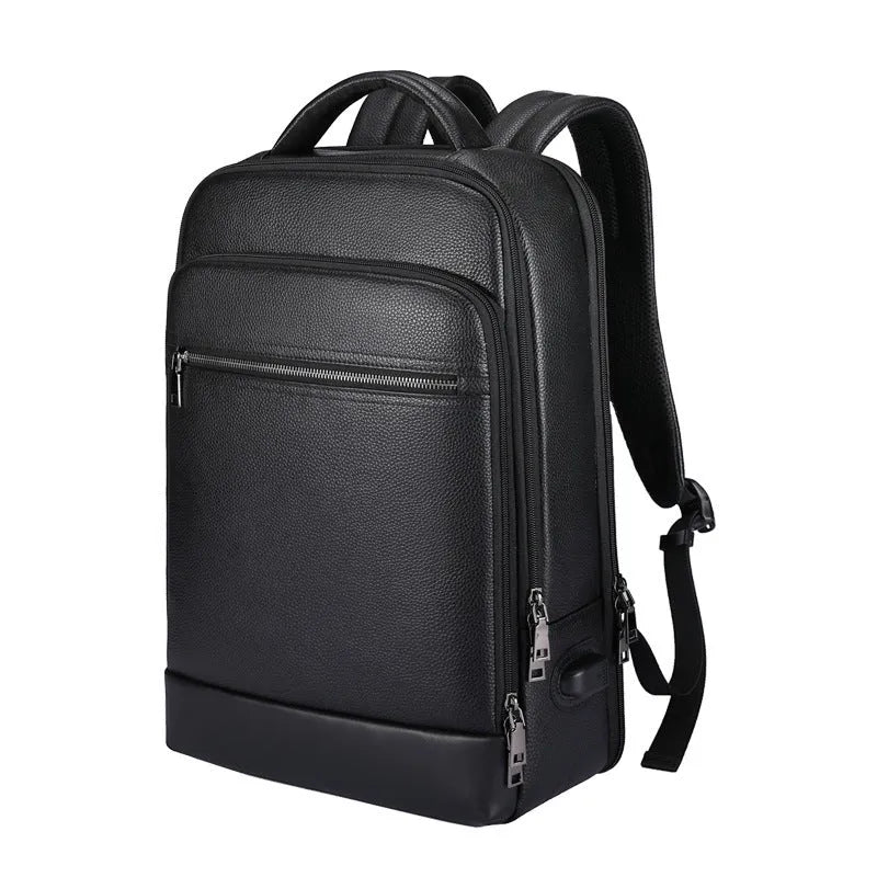 Black leather men's business computer backpack with curved shoulder straps and sewing line details
