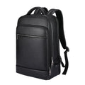 Black leather men's business computer backpack with curved shoulder straps and sewing line details