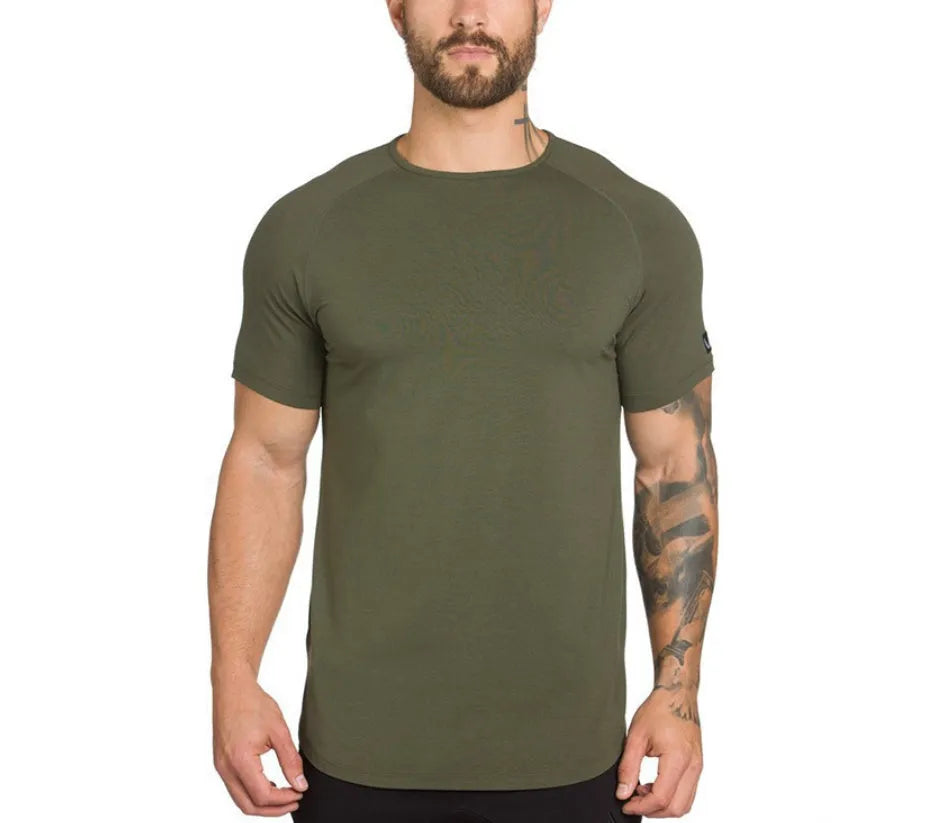 Men's plain cotton-spandex gym t-shirt shown in army green, black, and white, some with optional letter print.
