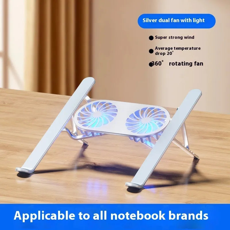 Silver aluminium folding laptop stand with twin cooling fans and adjustable height mechanism