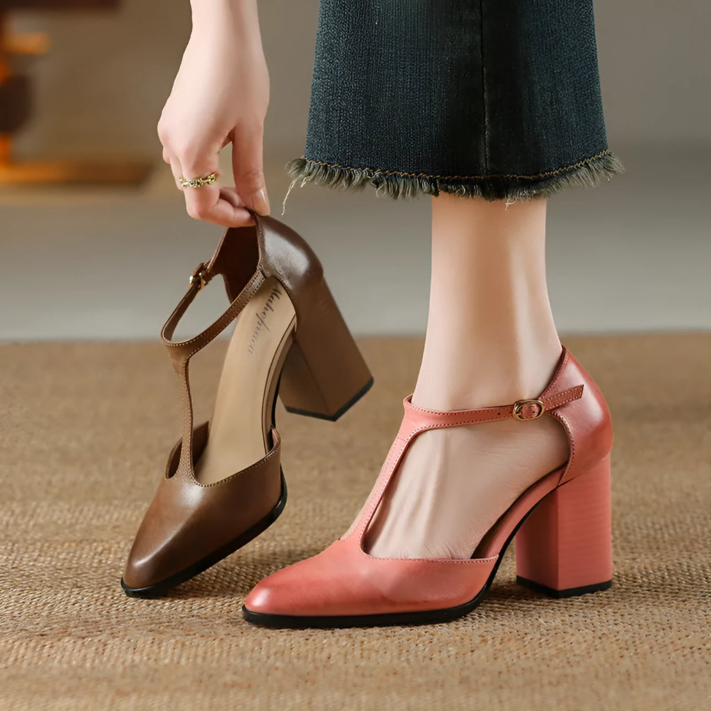 Women's dark brown retro pointed-toe Mary Jane shoes with a buckle fastening on a leather upper.