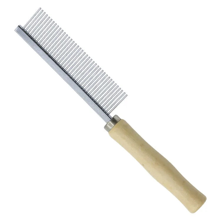 Wooden handle pet grooming comb for dogs and cats on a neutral background.