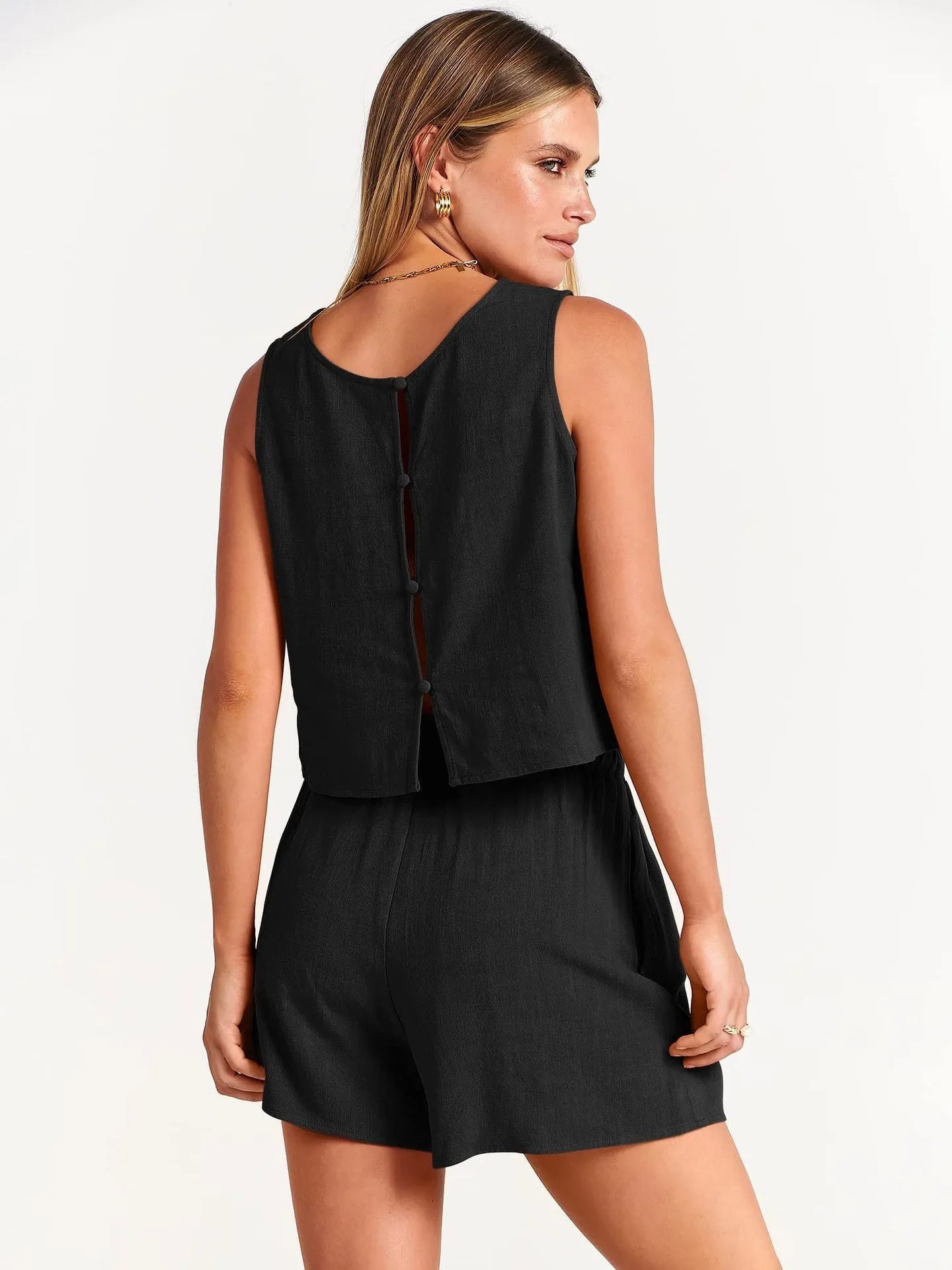 Women's summer two-piece set with sleeveless top and drawstring shorts in apricot colour