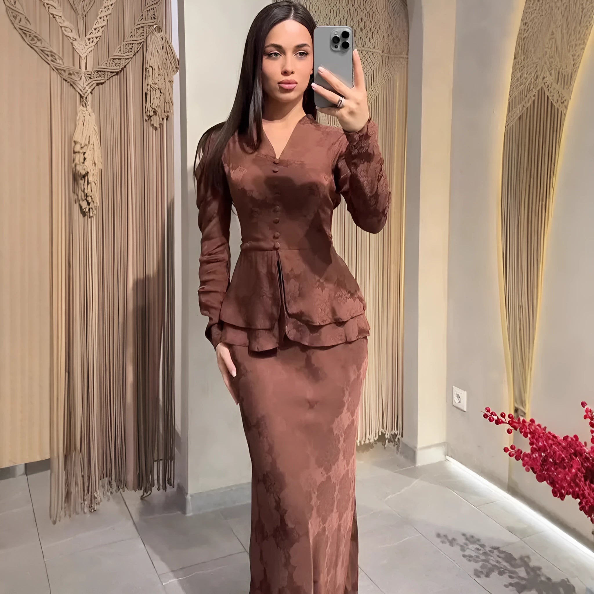 Dark brown retro long sleeve dress with plants and flowers pattern, fake two-piece design and button detailing