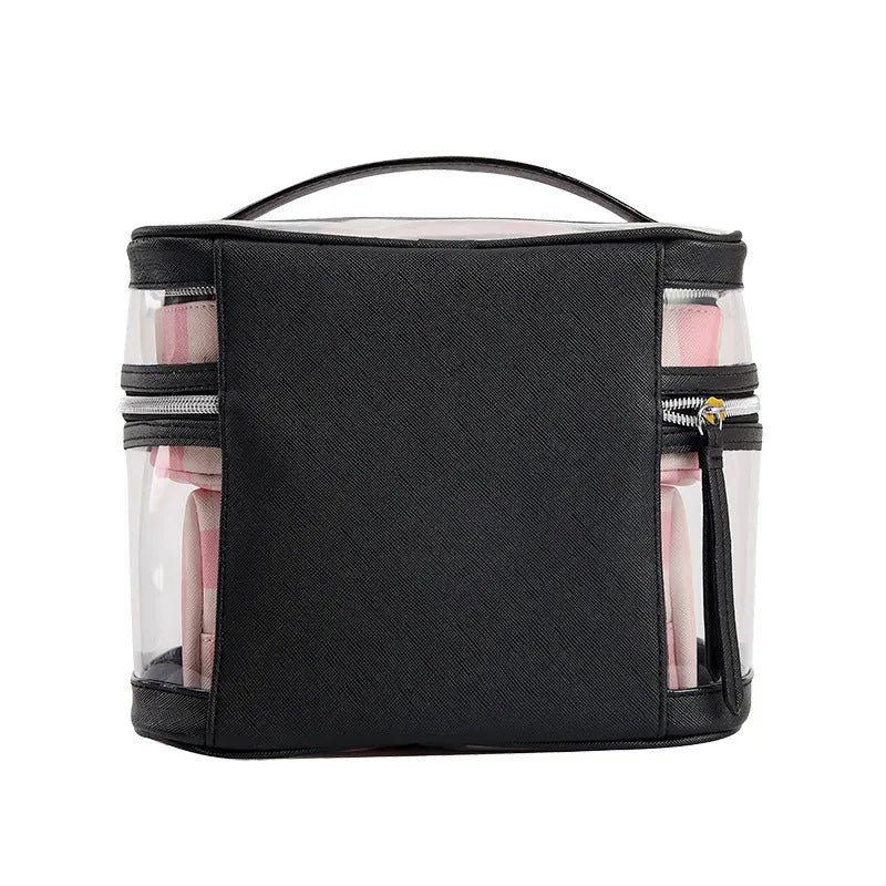 Pink bold stripes waterproof makeup bag with floral design in European American retro style