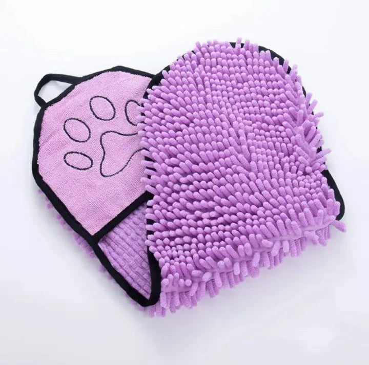 Blue soft fibre pet bath robe towel laid flat, showing its size next to a dog silhouette.