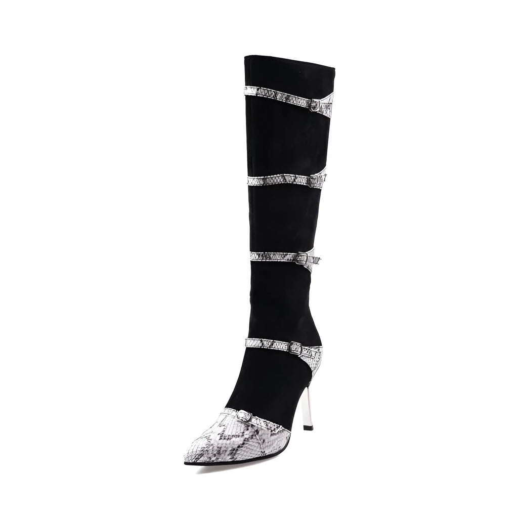 Grey and black women's knee-high boots with a thin 9cm high heel on a rubber sole.