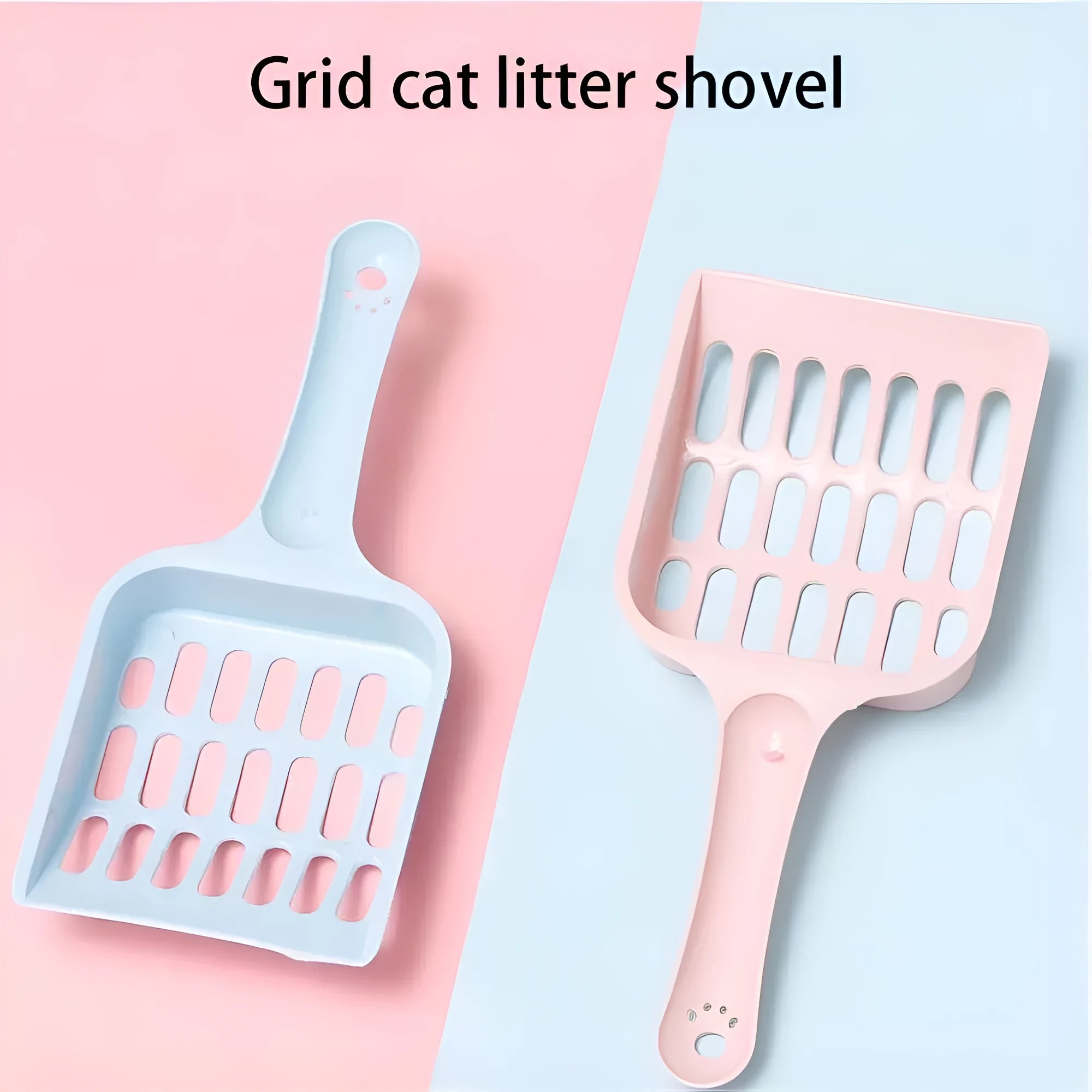 Blue plastic cat litter scoop with sand filter, shown next to a ruler indicating 20cm length.