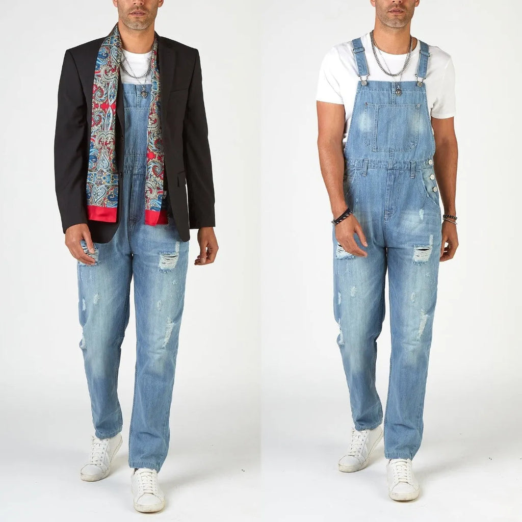 Light blue men's ripped suspender jeans with high waist and straight legs showing button fly and adjustable braces