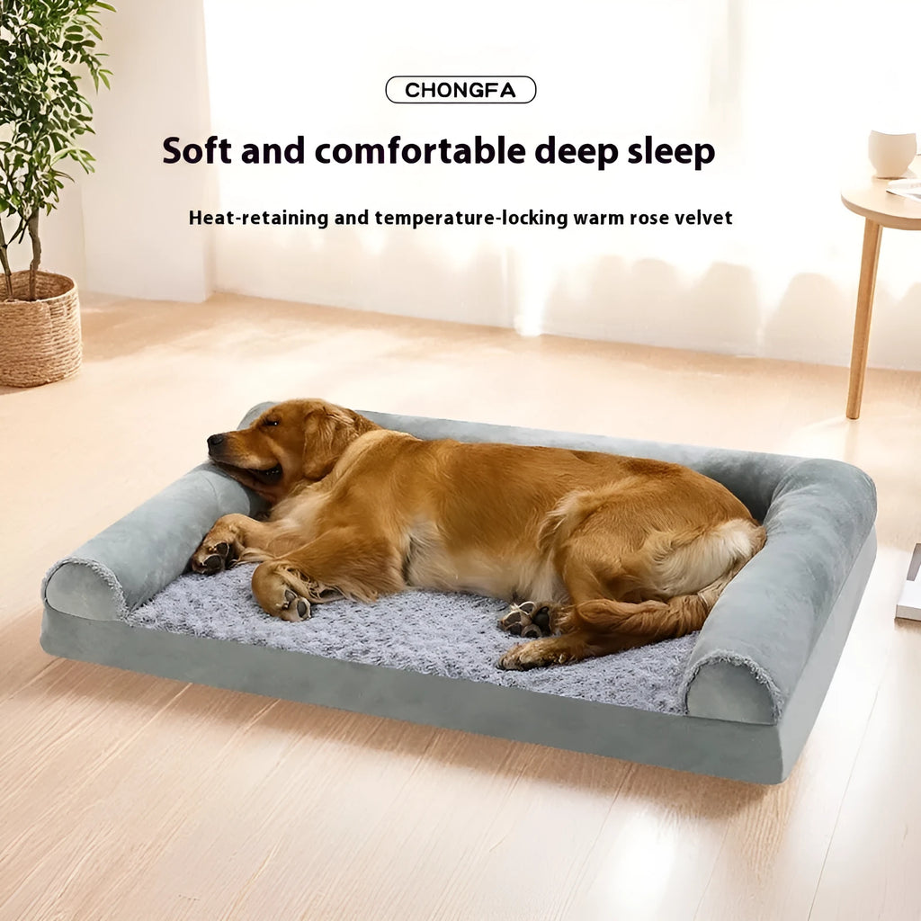 Light grey cloth dog kennel with raised sides for a medium-sized dog, shown on a wooden floor.