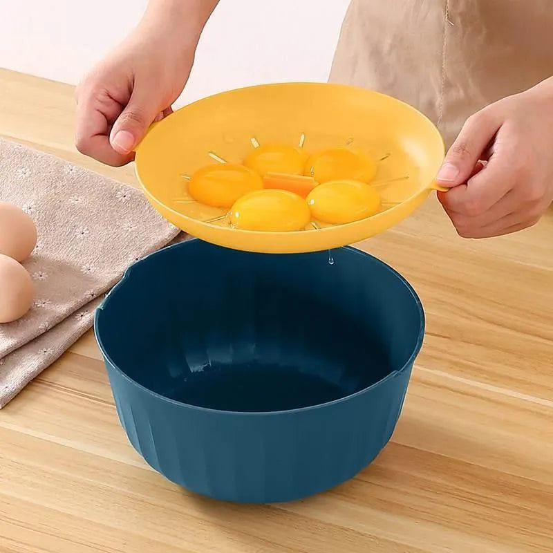 Home kitchen egg yolk and white separator in PP plastic, showing three colour options blue yellow, Nordic green, and apple red.