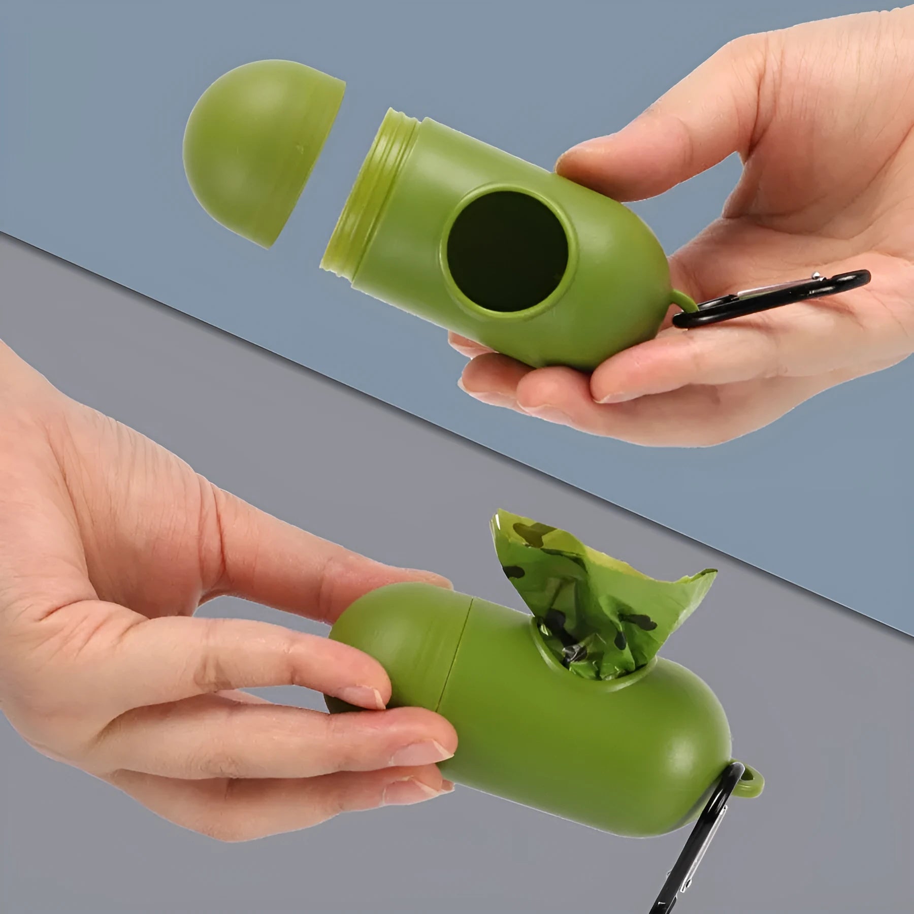 Military green degradable dog poop bags with black bone printing, showing 23x33cm size and roll packaging
