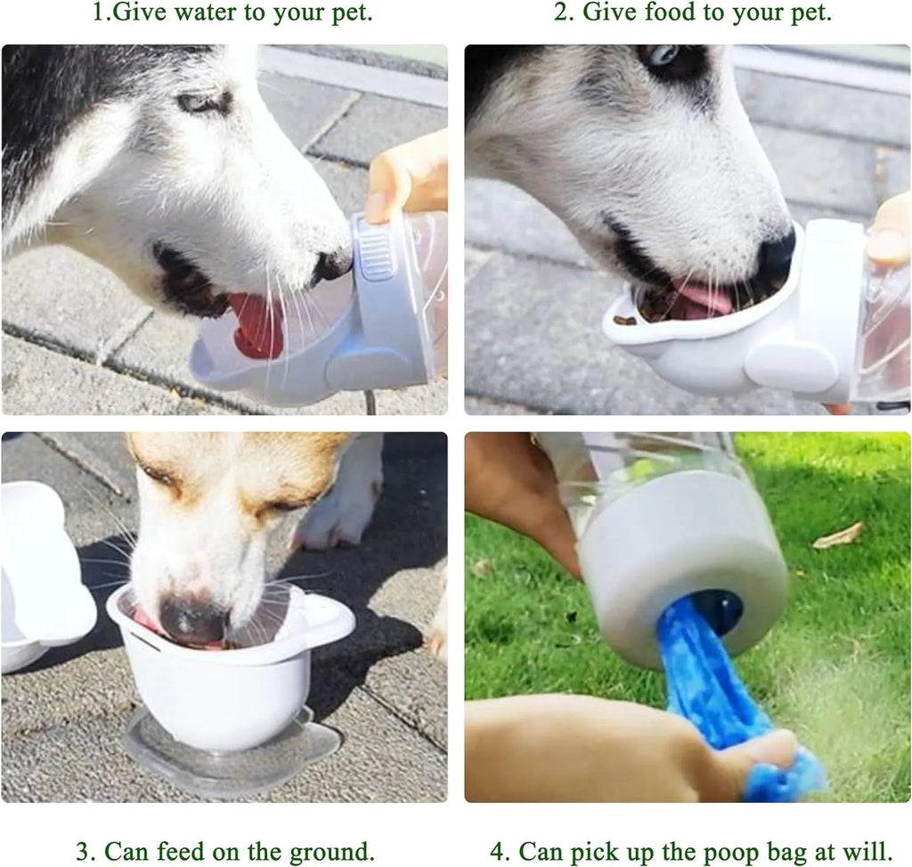 Green 3-in-1 pet water bottle with food container top and waste bag dispenser base, held by hand strap.