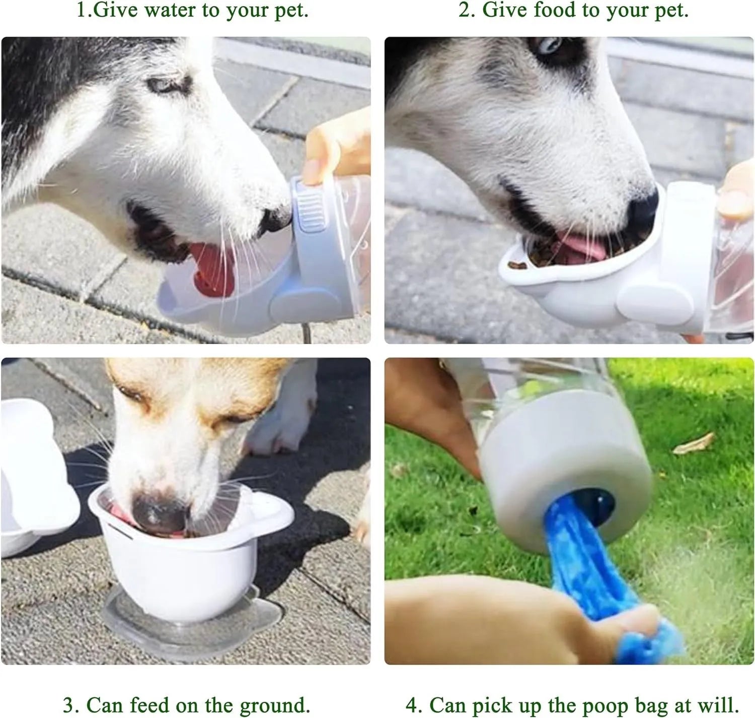 Green 3-in-1 pet water bottle with food container top and waste bag dispenser base, held by hand strap.
