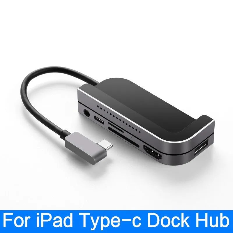 Silver aluminium grey 6-in-1 USB-C docking station for iPad Pro, showing HDMI and USB ports.