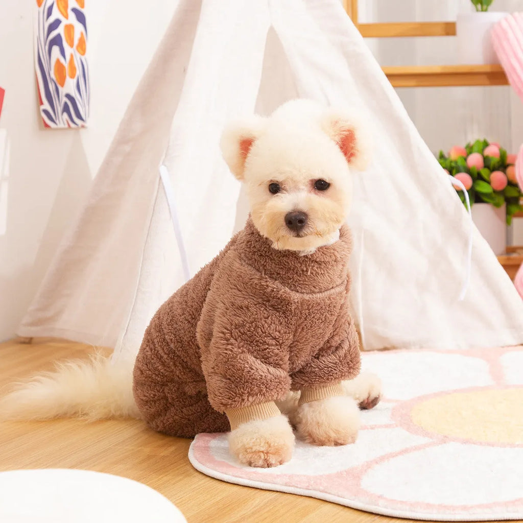 Blue double-sided plush dog clothing with high collar and towing ring on model dog