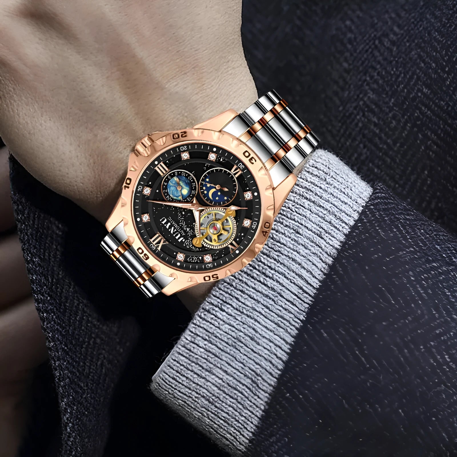 Automatic mechanical watch with waterproof features and luminous elements on wrist