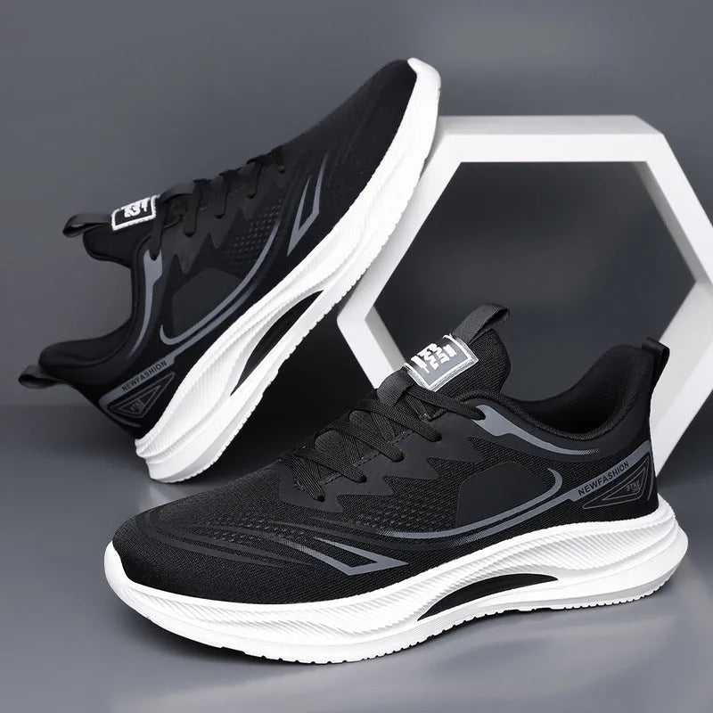 Men's solid colour casual shoes with mesh upper and rubber sole in black, blue, gray, and green options.