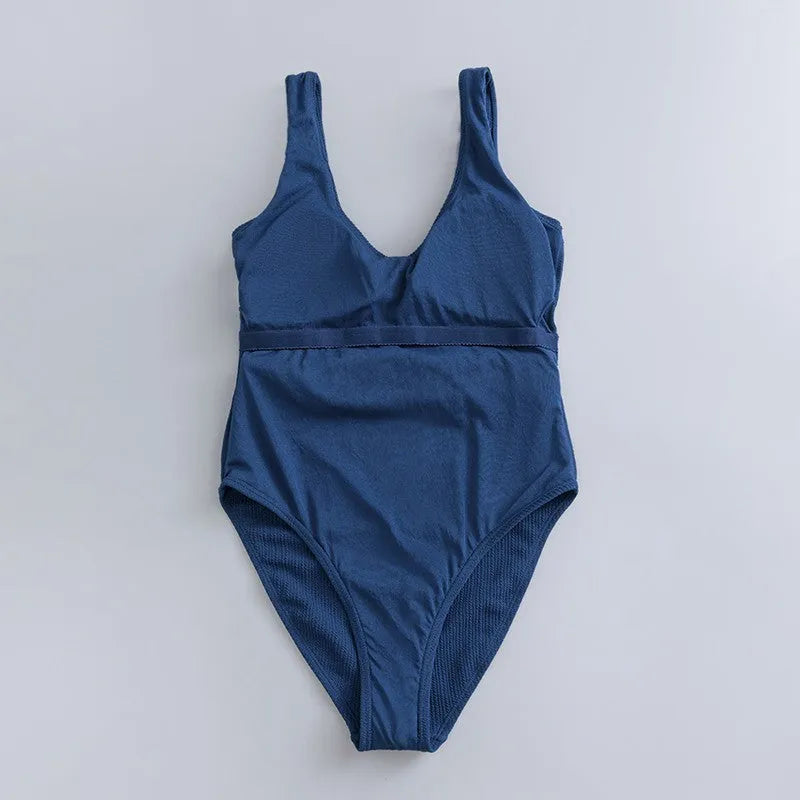Navy blue solid colour women's one-piece slimming swimsuit with triangle design and chest pad