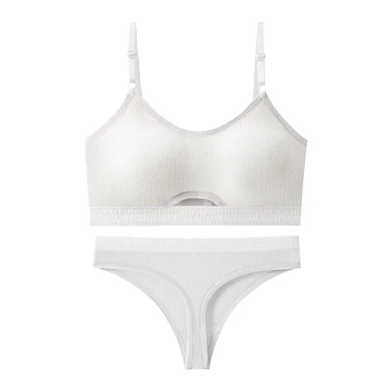 Women's contrast colour sports bra and briefs set with underwired tube top and thin moulded cups.
