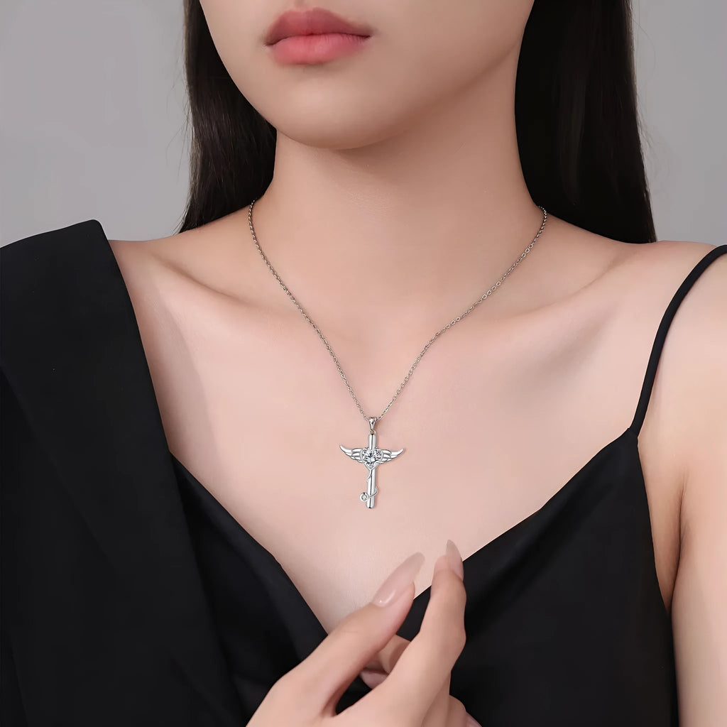Cross stethoscope necklace with personality wings design in electroplated copper, available in white or red diamond colours
