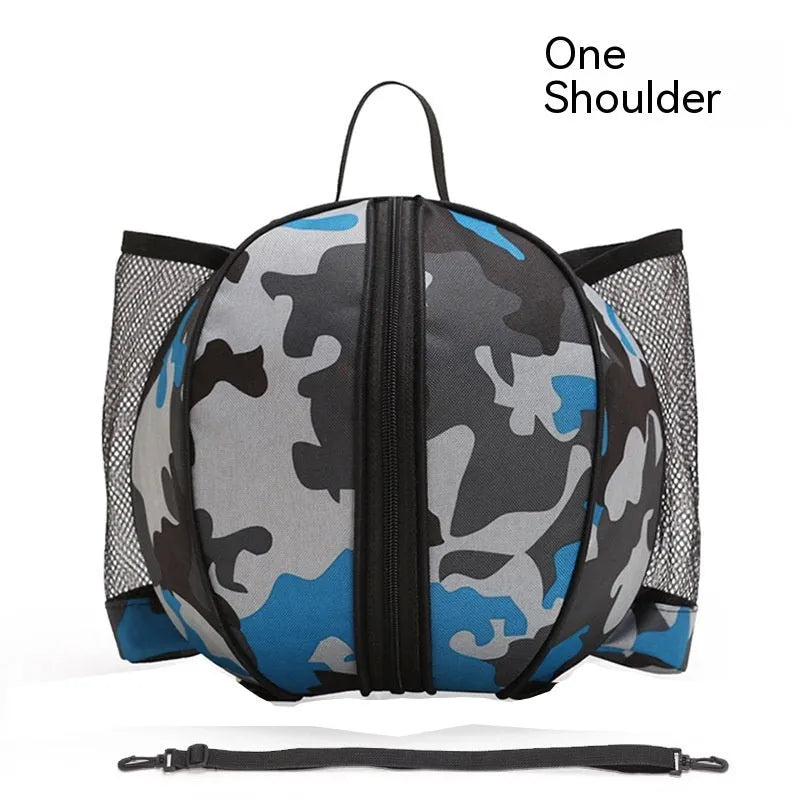 Black Oxford cloth basketball training bag with a single shoulder strap, shown next to a basketball.