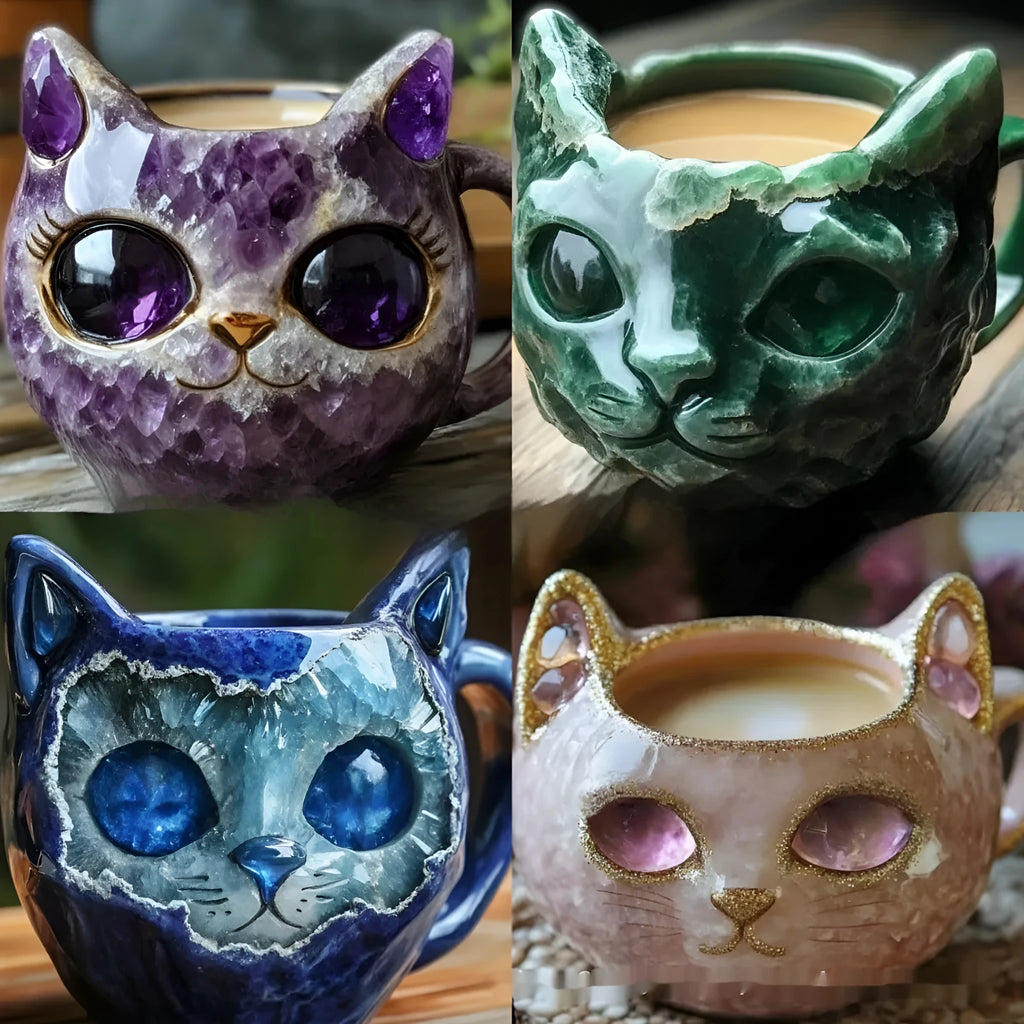 Purple handmade geode crystal cat design resin mug, pastoral style, shown next to a ruler showing 11cm height.