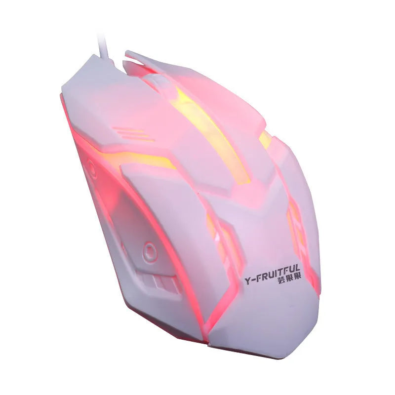 Wired black and white luminous computer mouse with USB cable on desktop