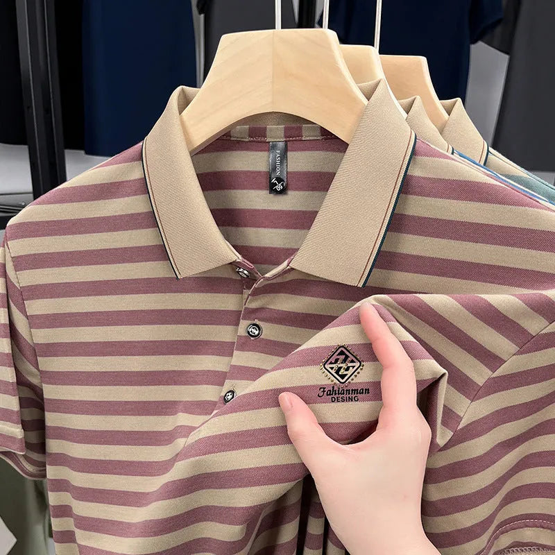 Men's striped polyester short sleeve shirt in red, blue, or green colours with mosaic pattern