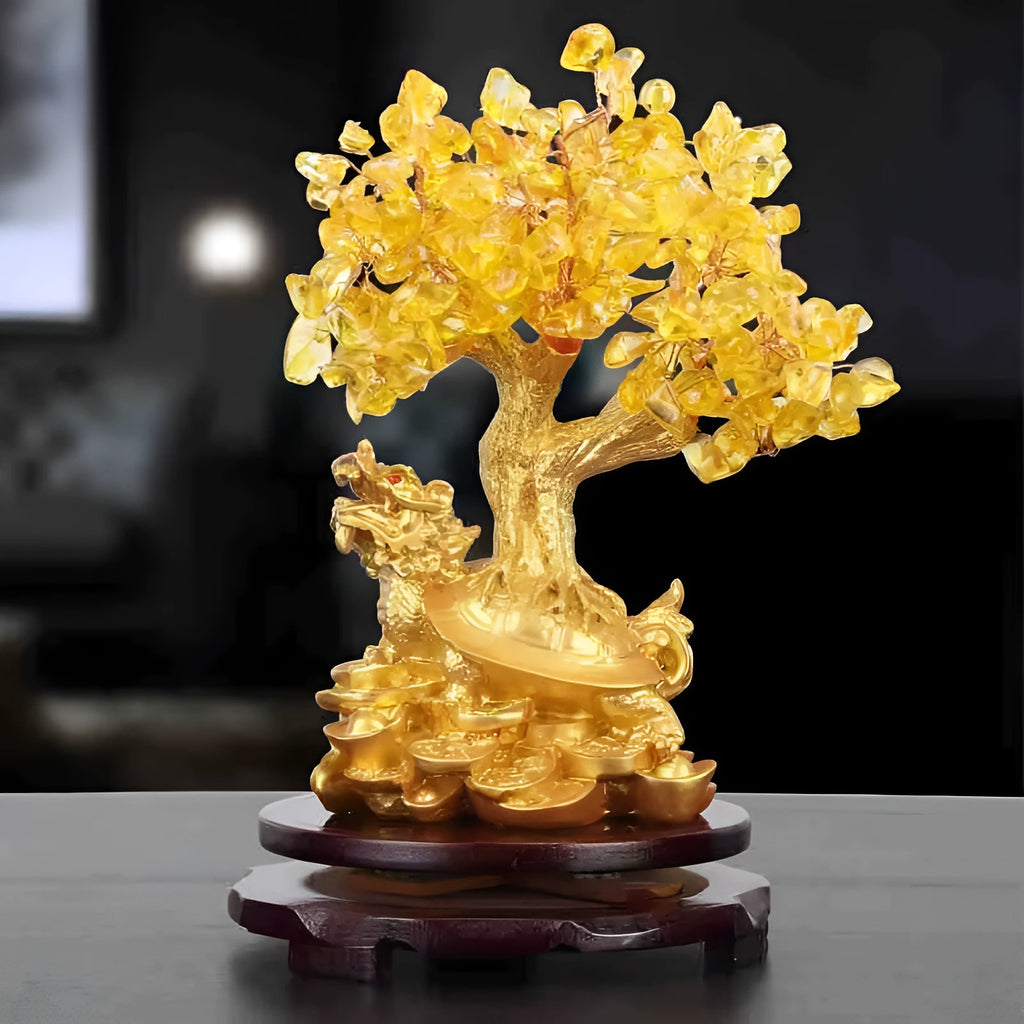 Citrine-coloured Chinese style resin turtle money tree ornament on display.