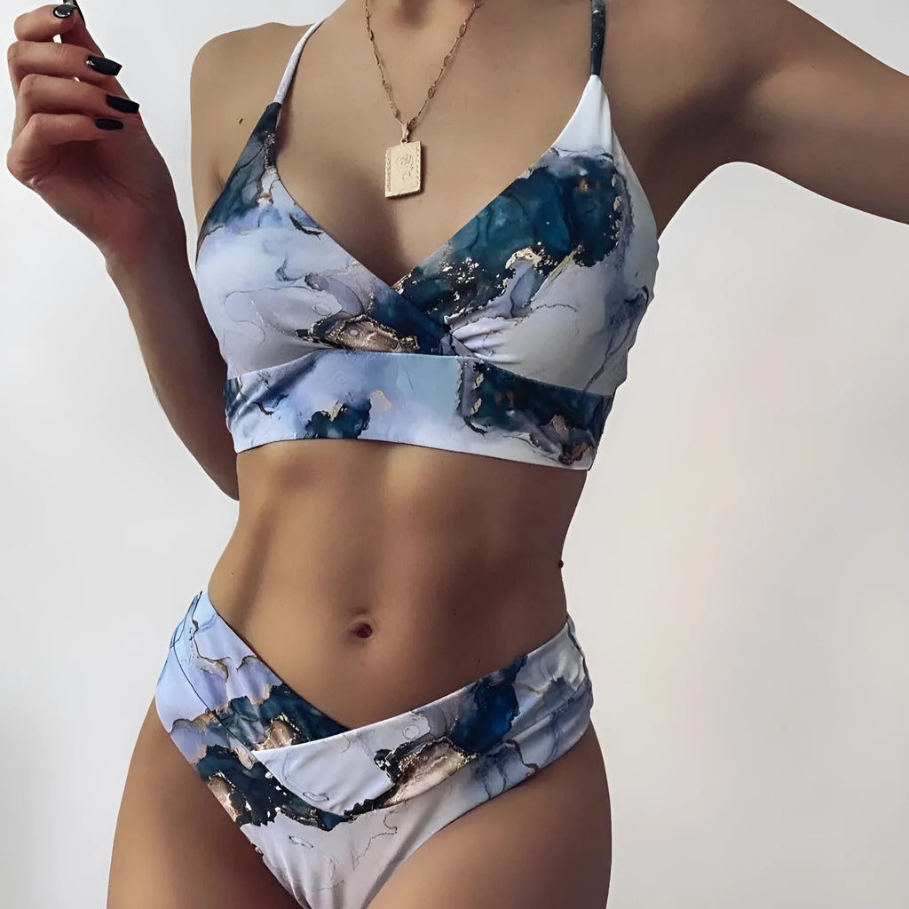 Women's marble tie-dye printed high waist bikini with U-neck design for swimming