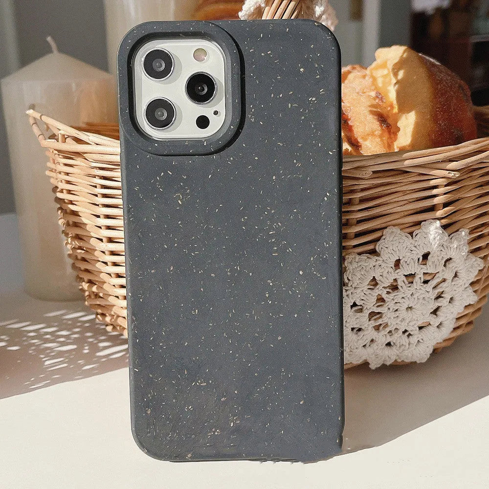 Fully degradable wheat straw fibre phone case for iPhone on a white background.