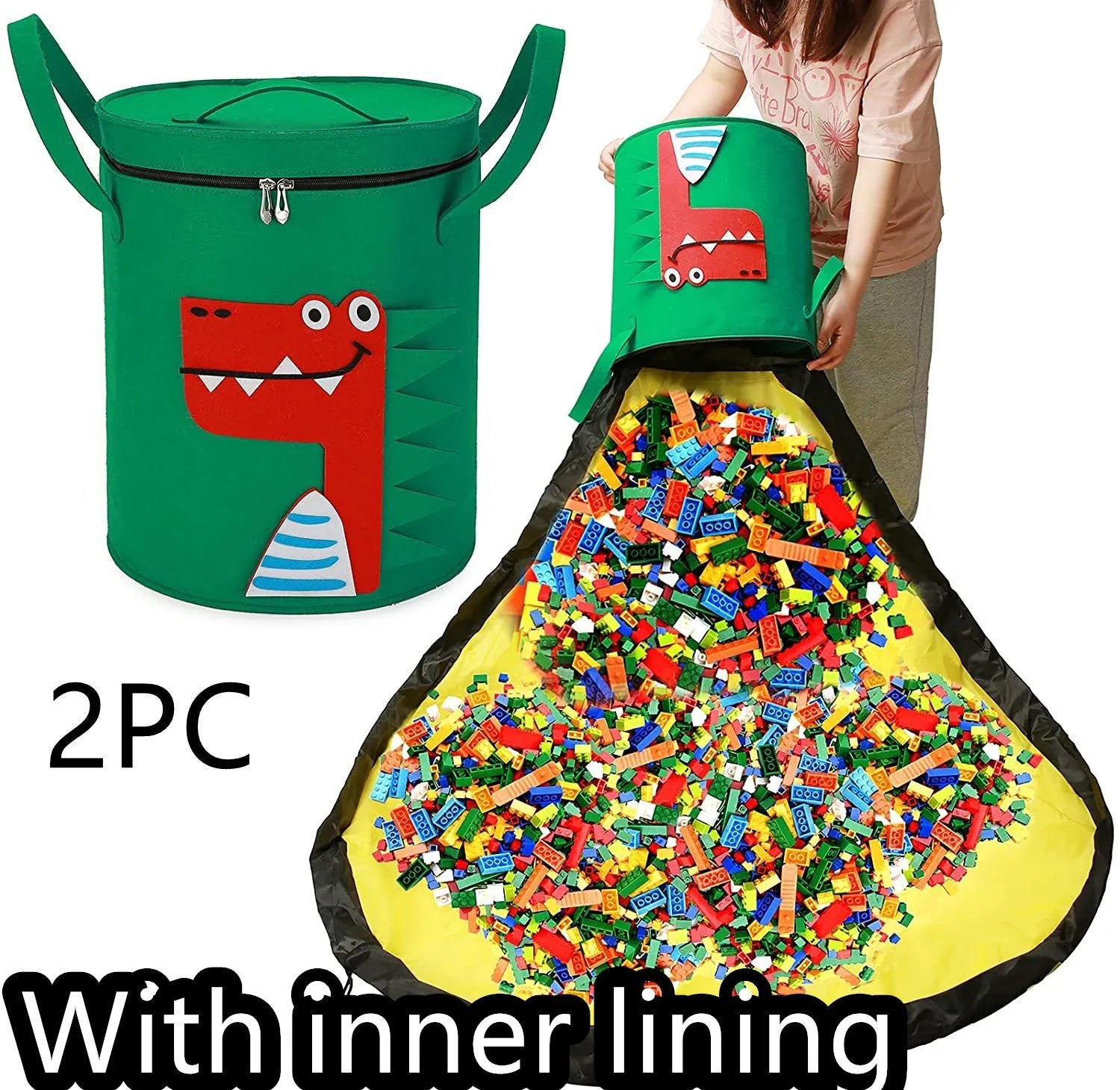 Green felt storage cube with pull rope unfolded as waterproof play mat for children's toys