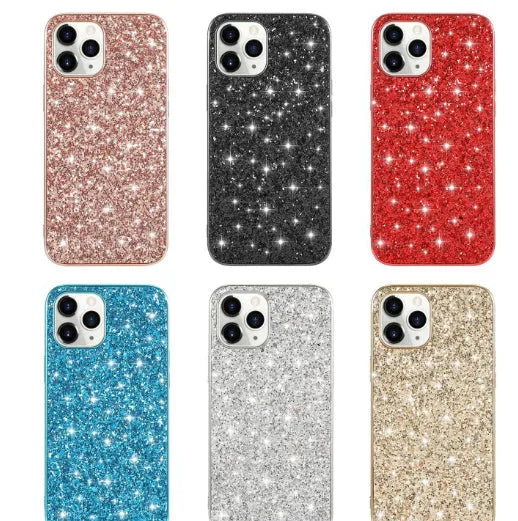 TPU shockproof phone case with sequins veneer and bracket for iPhone, available in black and rose gold colours