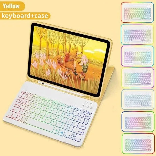 Colourful iPad leather case with attached luminous RGB backlit Bluetooth keyboard on a desk.