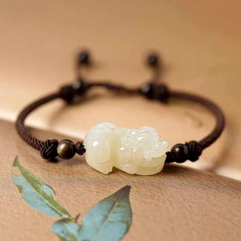 Women's Hetian jade bracelet with black and red braided ropes in Chinese style